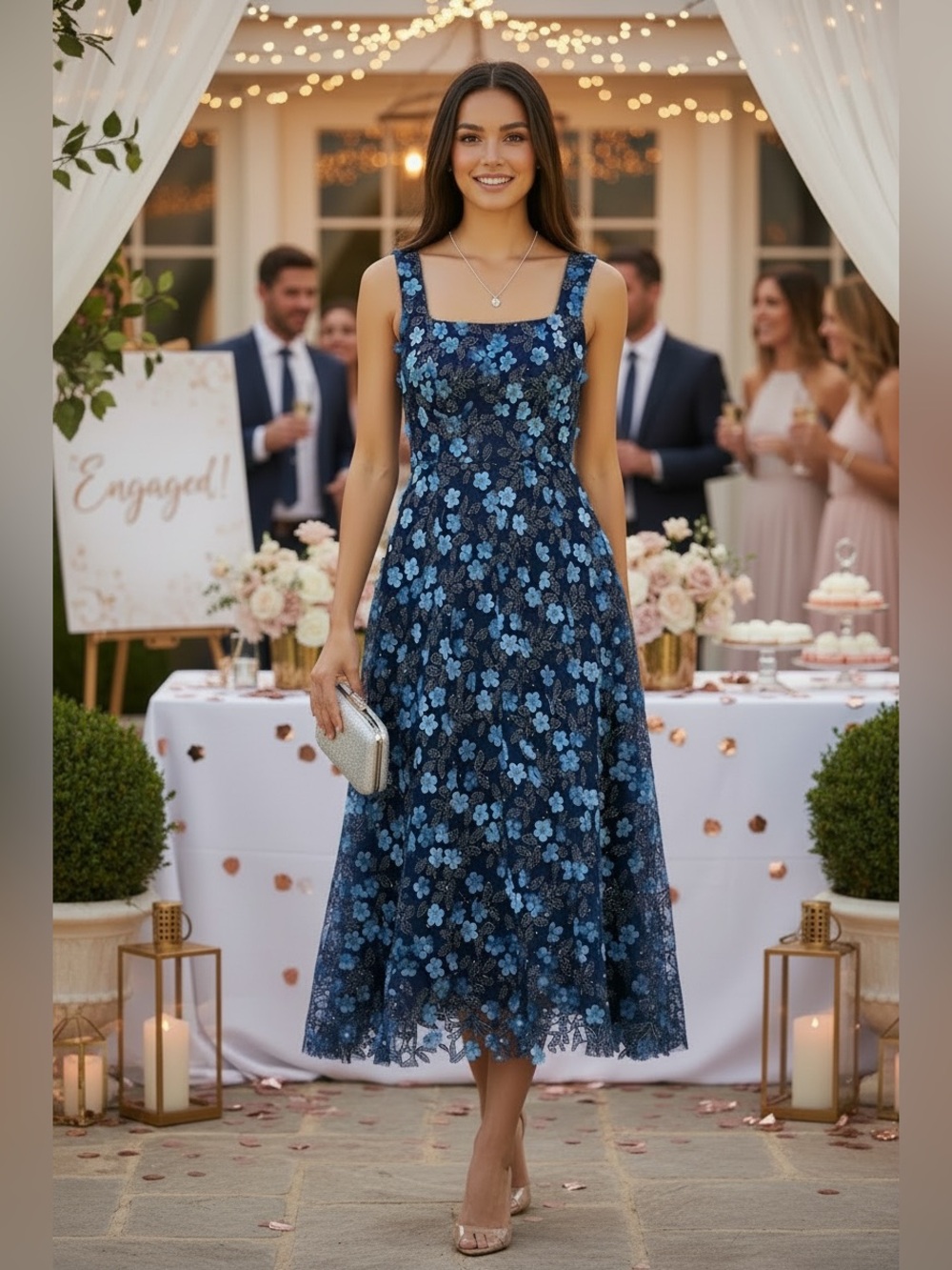 Xscape Navy & Light Blue Floral Lace Midi Dress Sz 4